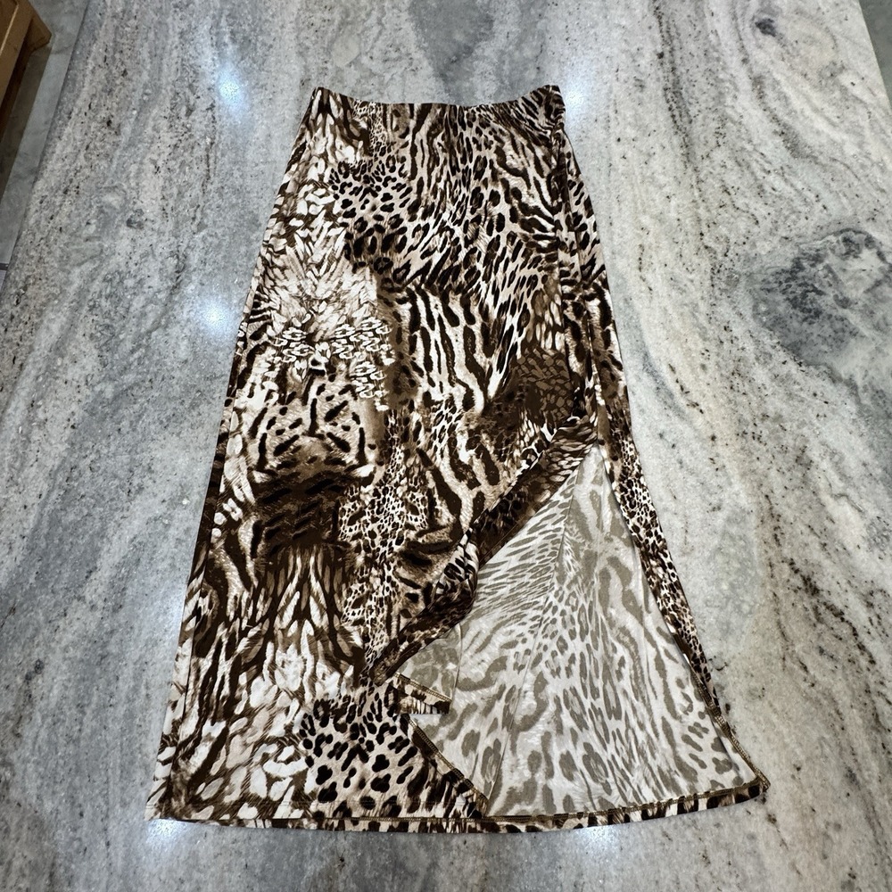 Chico's Size 1 Medium Animal Print Maxi Skirt Side Slit Career Festival Boho